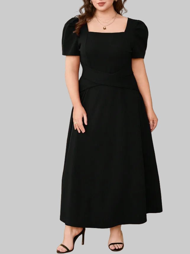 Plus Size Square Neck Puff Sleeve Midi Dress - Elegant Fit| JSandi - Jsandiclothing.com