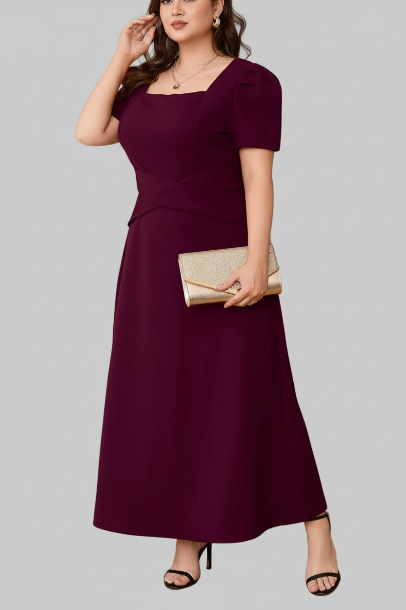 Plus Size Square Neck Puff Sleeve Midi Dress - Elegant Fit| JSandi - Jsandiclothing.com