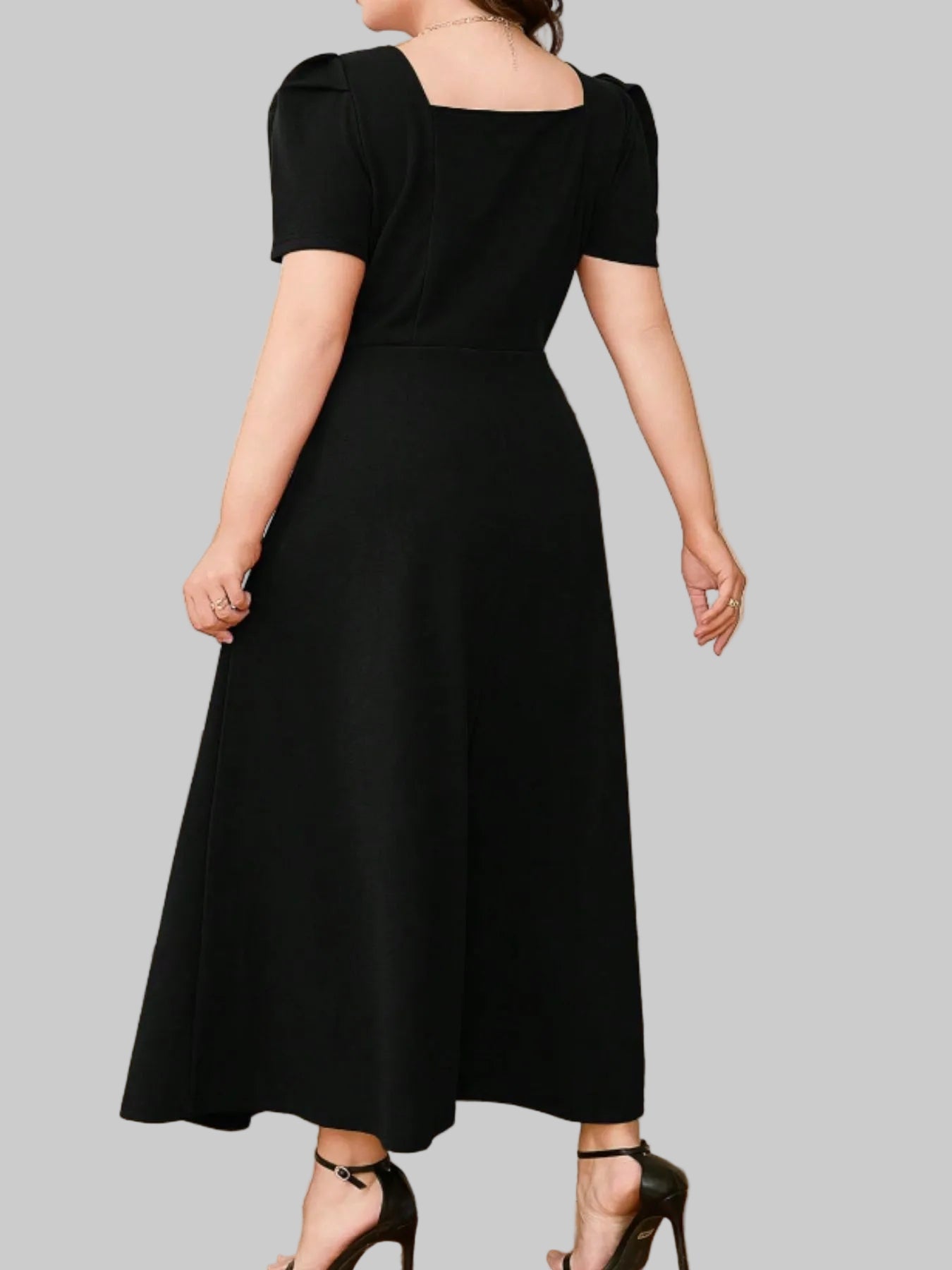 Plus Size Square Neck Puff Sleeve Midi Dress - Elegant Fit| JSandi - Jsandiclothing.com