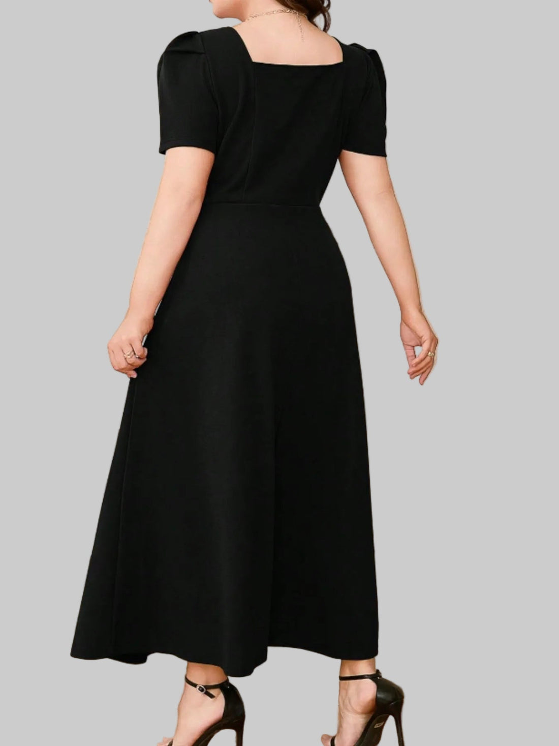 Plus Size Square Neck Puff Sleeve Midi Dress - Elegant Fit| JSandi - Jsandiclothing.com