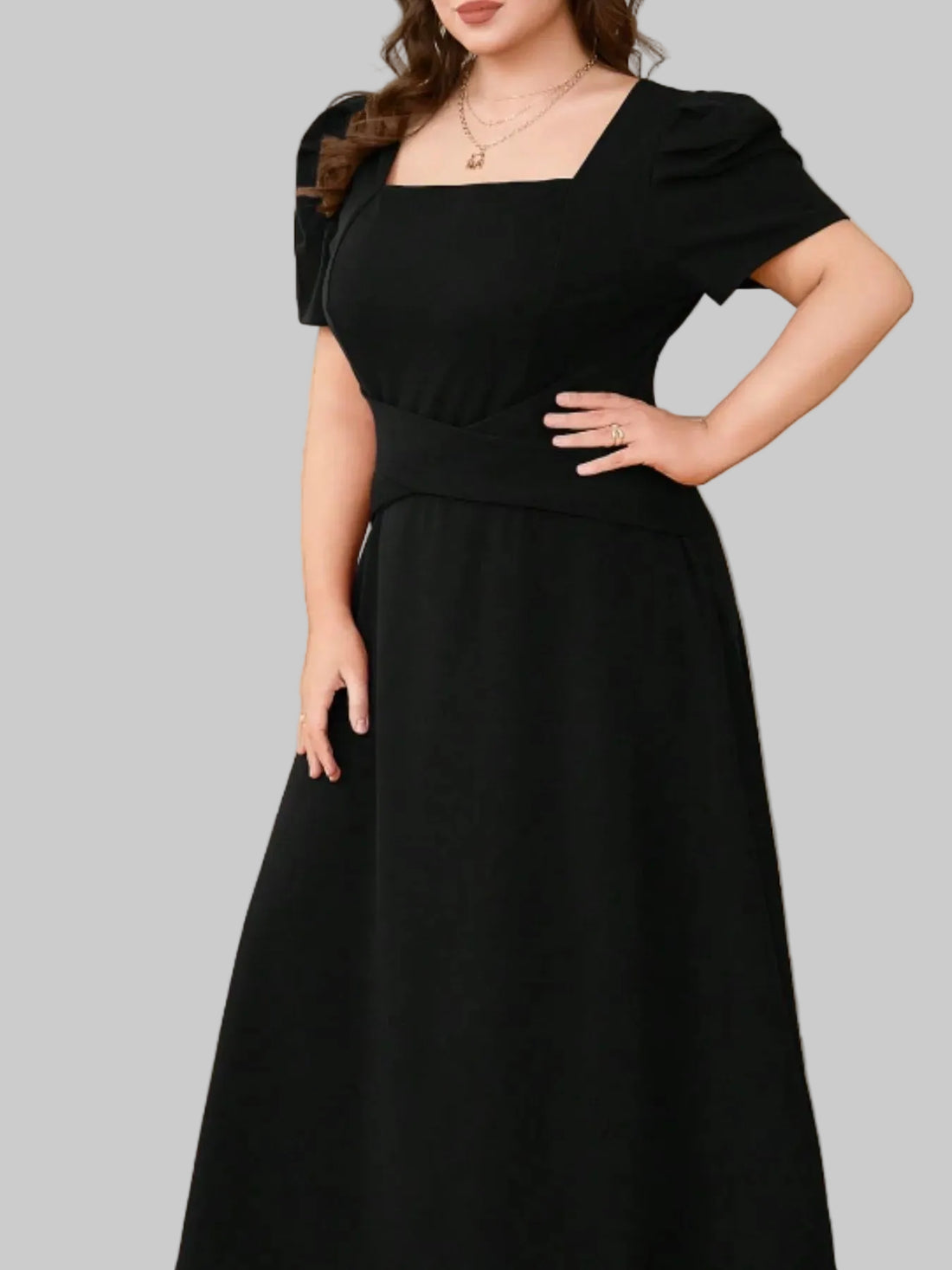 Plus Size Square Neck Puff Sleeve Midi Dress - Elegant Fit| JSandi - Jsandiclothing.com