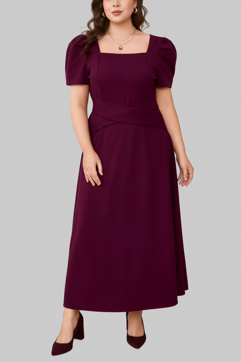 Plus Size Square Neck Puff Sleeve Midi Dress - Elegant Fit| JSandi - Jsandiclothing.com