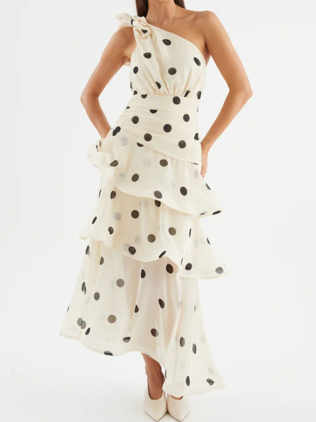 Polka Dot One - Shoulder Ruffle Dress - Jsandiclothing.com