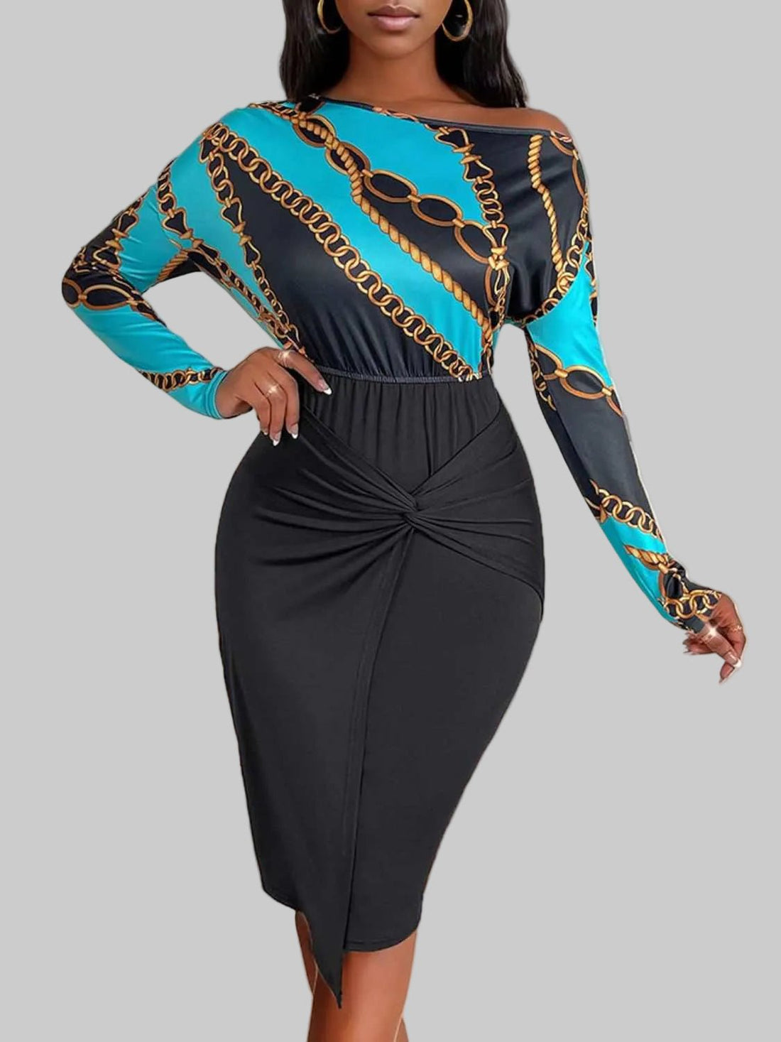 Printed Long Sleeve Midi Dress Twisted Unique Design with a Bold Look - Jsandiclothing.com