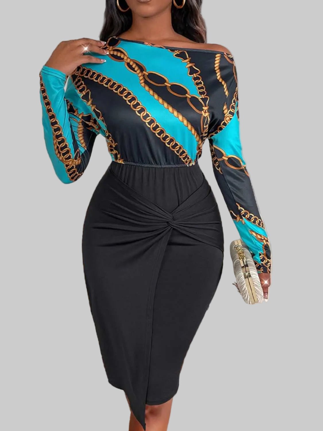 Printed Long Sleeve Midi Dress Twisted Unique Design with a Bold Look - Jsandiclothing.com