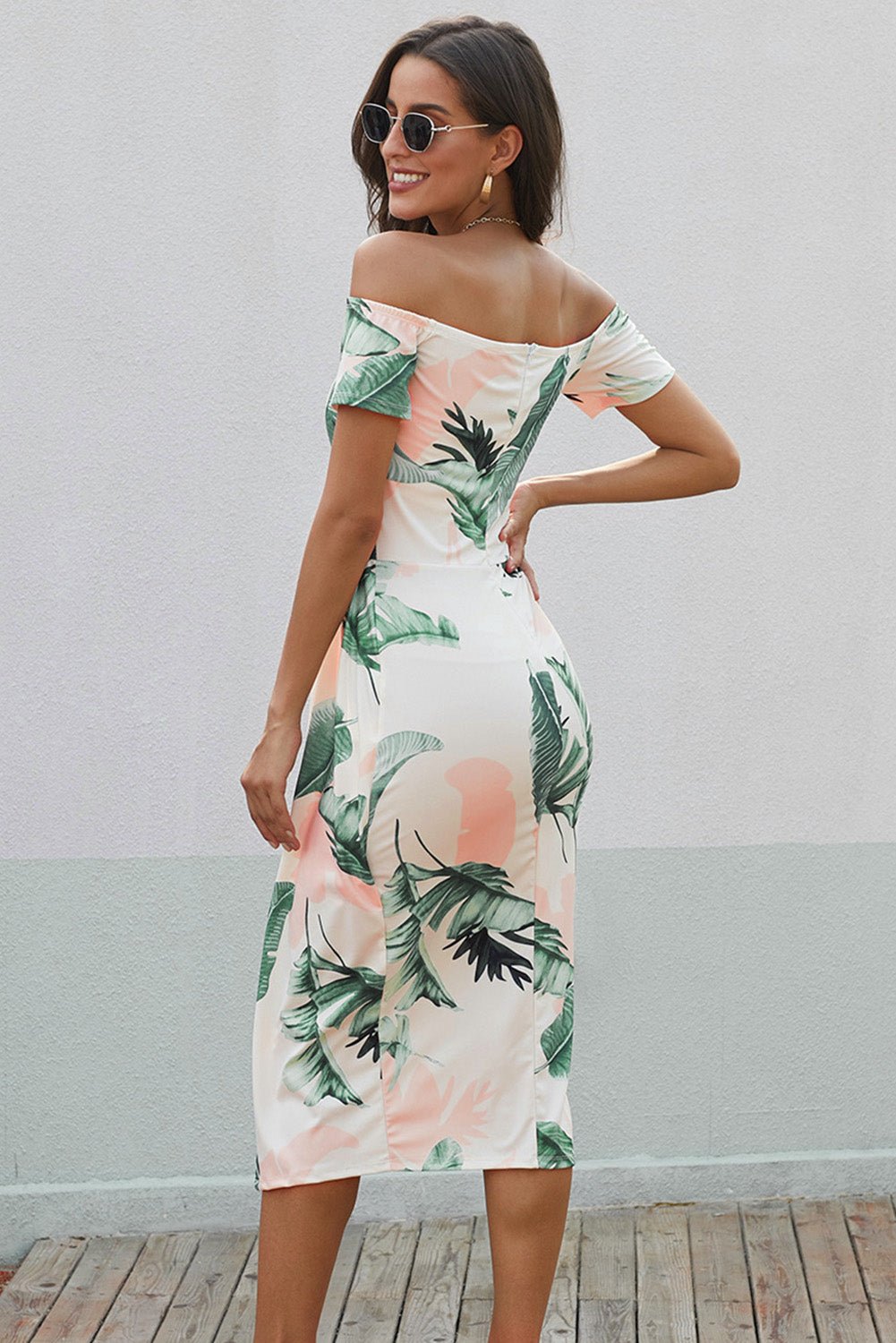 Printed Off - Shoulder Split Dress - Jsandiclothing.com