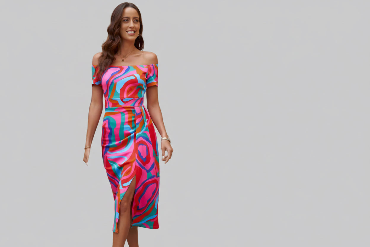 Printed Off - Shoulder Split Dress - Jsandiclothing.com