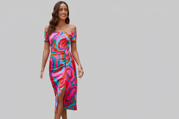 Printed Off - Shoulder Split Dress - Jsandiclothing.com