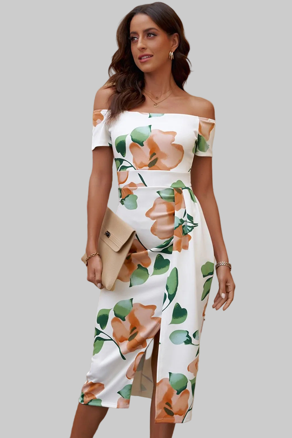 Printed Off - Shoulder Split Dress - Jsandiclothing.com