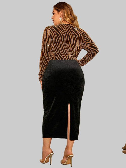 Long Sleeve Dress Plus Size| Surplice Neckline & Slit Details - Jsandiclothing.com