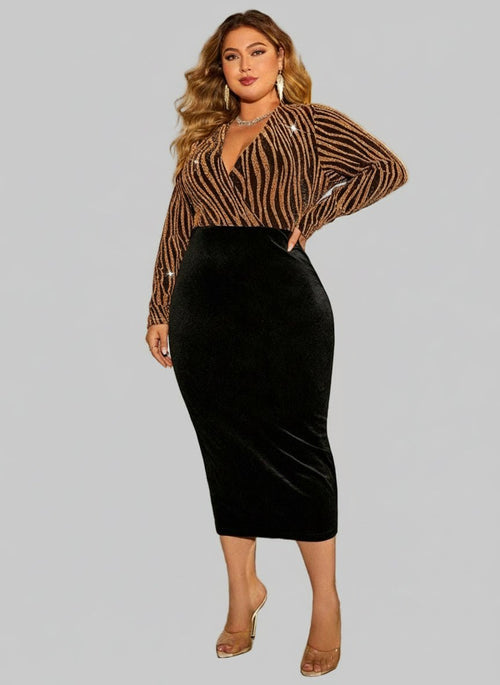 Long Sleeve Dress Plus Size| Surplice Neckline & Slit Details - Jsandiclothing.com