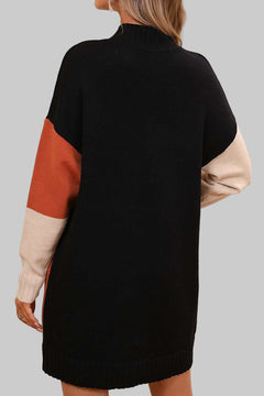 Sweater Dress Color Block Mock Neck - Casual Long Sleeve Mini Style - Jsandiclothing.com