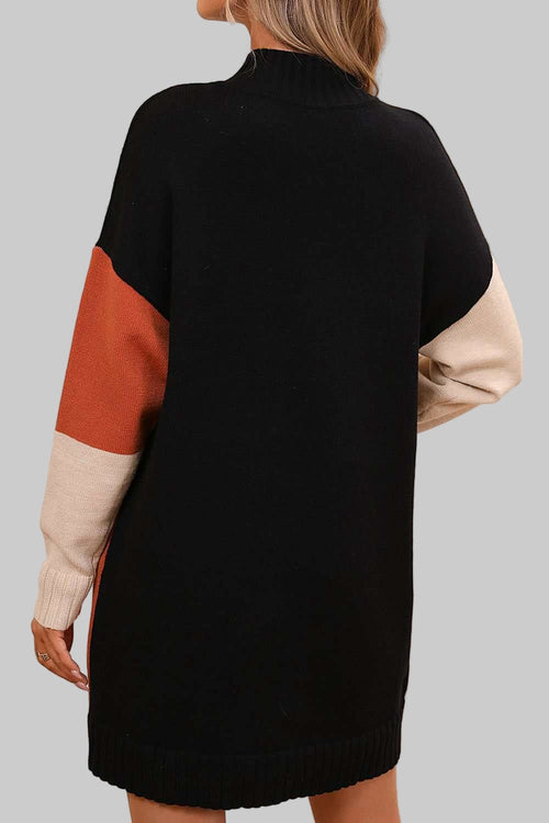 Sweater Dress Color Block Mock Neck - Casual Long Sleeve Mini Style - Jsandiclothing.com