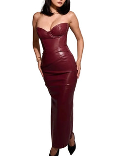Slit Tube Leather Bodycon Maxi Dress - Jsandiclothing.com