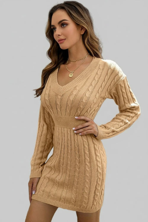 Sweater Dress - Cable - Knit V - Neck Long Sleeve Mini |Elegant and Stylish - Jsandiclothing.com