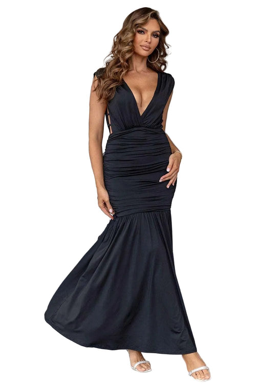 Maxi Dress | Ruched Plunge Sleeveless | Chic, Elegant & Stylish Outfit - Jsandiclothing.com