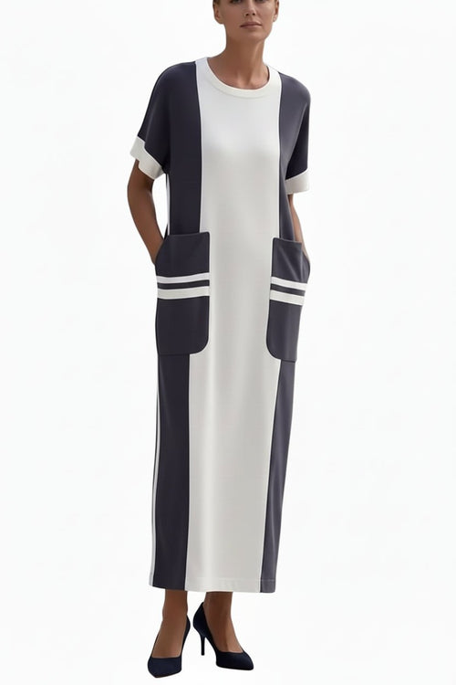 Full Size Color Block Short Sleeve Dress with Pockets Plus Size - Jsandiclothing.com