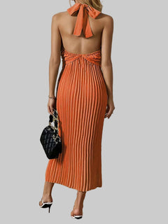 Pleated Halter Neck Midi Dress - Elegant Polyester Dress | Jsandi - Jsandiclothing.com