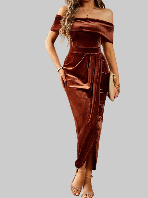 Velvet Off - Shoulder Ruched Midi Dress - Luxe Elegance and Comfort - Jsandiclothing.com