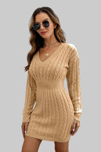 Sweater Dress - Cable - Knit V - Neck Long Sleeve Mini |Elegant and Stylish - Jsandiclothing.com
