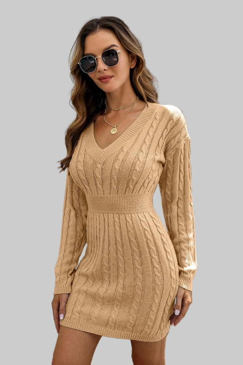 Sweater Dress - Cable - Knit V - Neck Long Sleeve Mini |Elegant and Stylish - Jsandiclothing.com