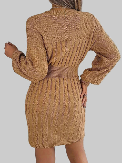 Sweater Dress - Cable - Knit Cutout Round Neck Slit for Women| JSandi - Jsandiclothing.com