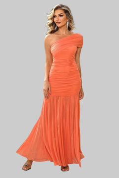 Maxi Dress with One - Shoulder Design and Elegant Ruched Detailing - Jsandiclothing.com
