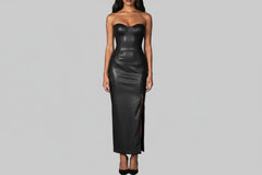 Slit Tube Leather Bodycon Maxi Dress - Jsandiclothing.com
