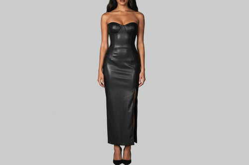 Slit Tube Leather Bodycon Maxi Dress - Jsandiclothing.com
