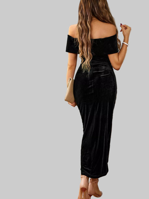 Velvet Off - Shoulder Ruched Midi Dress - Luxe Elegance and Comfort - Jsandiclothing.com