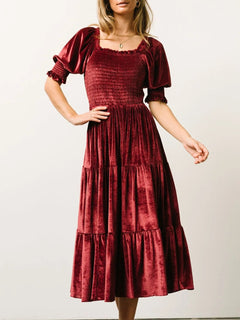 Smocked Half Sleeve Tiered Midi Dress - Elegant & Comfortable Fit - Jsandiclothing.com