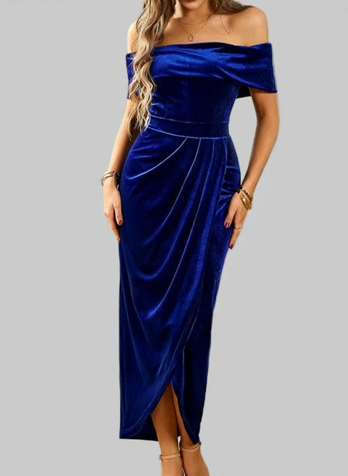 Velvet Off - Shoulder Ruched Midi Dress - Luxe Elegance and Comfort - Jsandiclothing.com