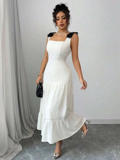 Square Neck Dress - Tiered Wide Strap Style with Charming Bow Detail - Jsandiclothing.com