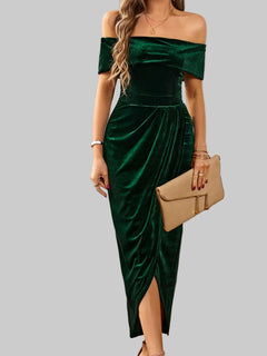 Velvet Off - Shoulder Ruched Midi Dress - Luxe Elegance and Comfort - Jsandiclothing.com