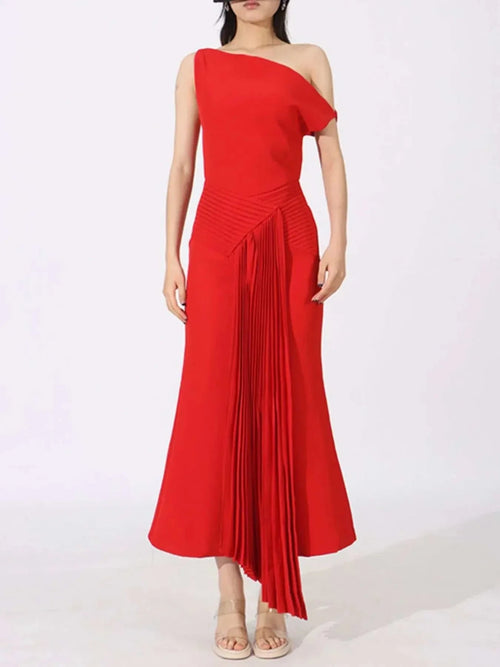 Single Shoulder Pleated Dress - Elegant Ruched Asymmetrical Design - Jsandiclothing.com