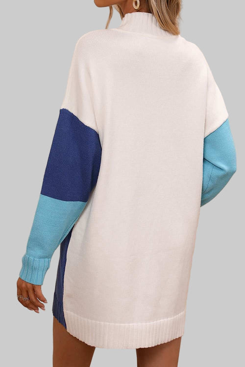 Sweater Dress Color Block Mock Neck - Casual Long Sleeve Mini Style - Jsandiclothing.com