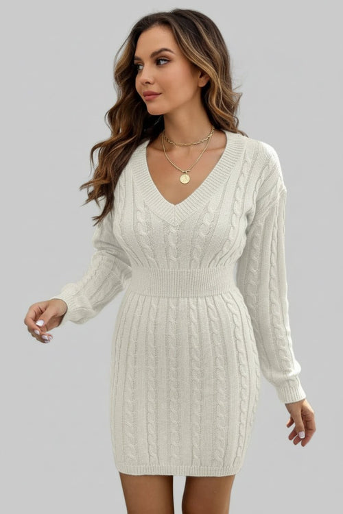 Sweater Dress - Cable - Knit V - Neck Long Sleeve Mini |Elegant and Stylish - Jsandiclothing.com