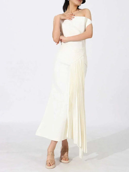 Single Shoulder Pleated Dress - Elegant Ruched Asymmetrical Design - Jsandiclothing.com