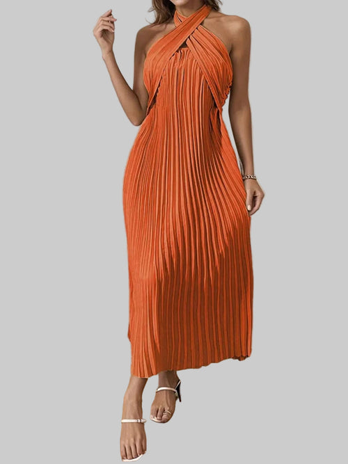 Pleated Halter Neck Midi Dress - Elegant Polyester Dress | Jsandi - Jsandiclothing.com