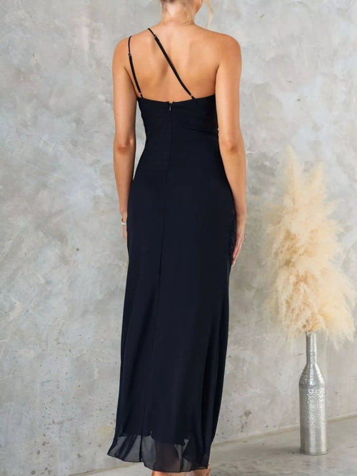 One - Shoulder Ruffle Slit Dress - Jsandiclothing.com