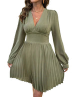 Pleated Long Sleeve V - Neck Dress - Elegant Polyester Dress| - Jsandiclothing.com