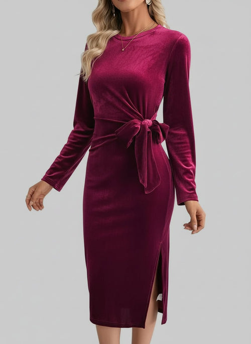 Velvet Dress Slit Round Neck Long Sleeve with Side Tie Detail| JSandi - Jsandiclothing.com