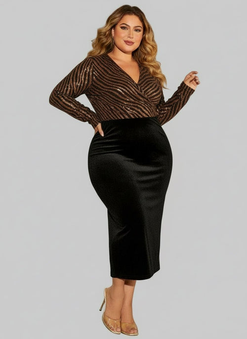 Long Sleeve Dress Plus Size| Surplice Neckline & Slit Details - Jsandiclothing.com