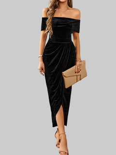 Velvet Off - Shoulder Ruched Midi Dress - Luxe Elegance and Comfort - Jsandiclothing.com