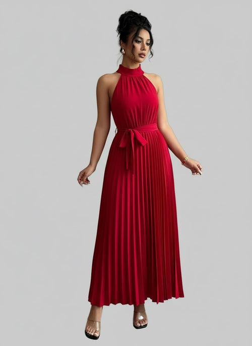 Pleated Halter Neck Tie Waist Maxi Dress| Jsandiclothing.com - Jsandiclothing.com