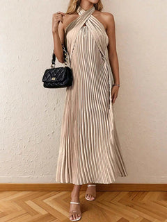 Pleated Halter Neck Midi Dress - Elegant Polyester Dress | Jsandi - Jsandiclothing.com