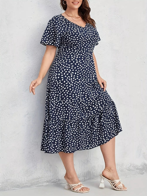 Plus Size Printed V - Neck Short Sleeve Dress - Jsandiclothing.com
