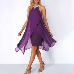 Black Cocktail Dress Round Neck Chiffon Sleeveless Dress - Jsandiclothing.com