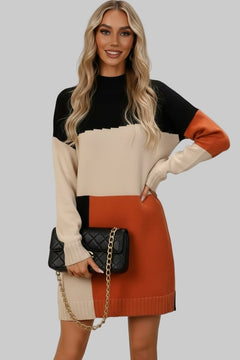 Sweater Dress Color Block Mock Neck - Casual Long Sleeve Mini Style - Jsandiclothing.com