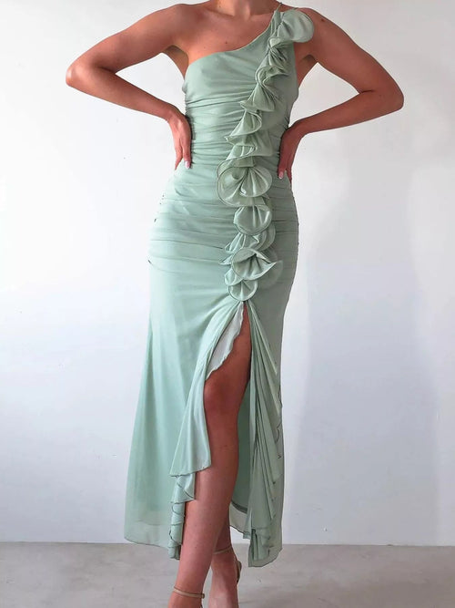 One - Shoulder Ruffle Slit Dress - Jsandiclothing.com